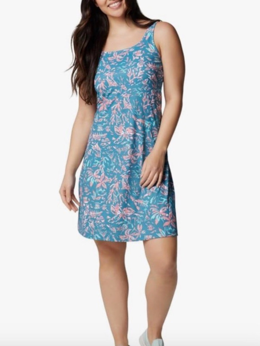 Columbia PFG Teal and Coral Pink Tropical Midi Dress